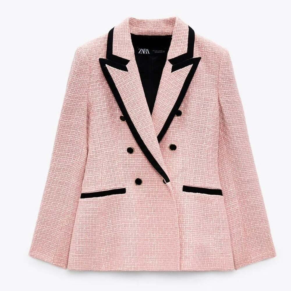 Zara Pink Tweed Double Breasted Blazer with Black Contrast Piping Size M